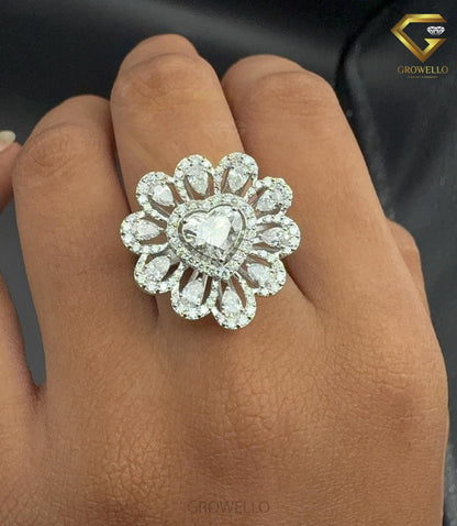 2 CT Heart Diamond Halo Floral Cluster Engagement Ring, Solid Gold, Lab Grown Diamond or Moissanite