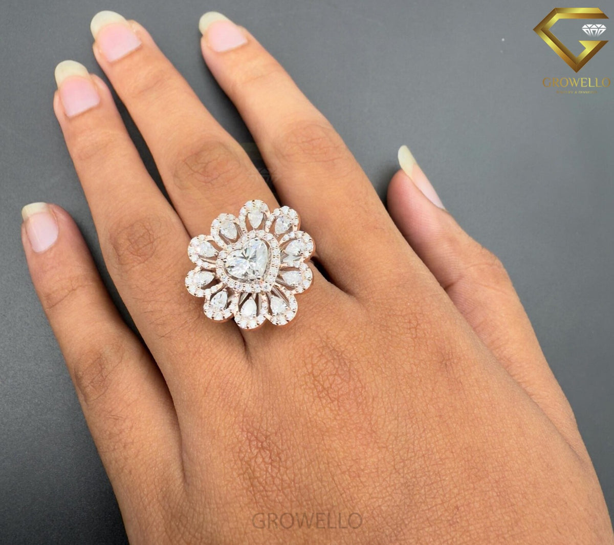 2 CT Heart Diamond Halo Floral Cluster Engagement Ring, Solid Gold, Lab Grown Diamond or Moissanite