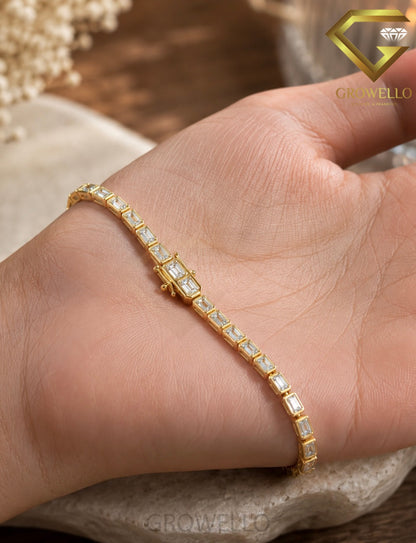 Emerald Cut Bezel Set Tennis Bracelet, Minimal Solid Gold, Lab Grown Diamond or Moissanite