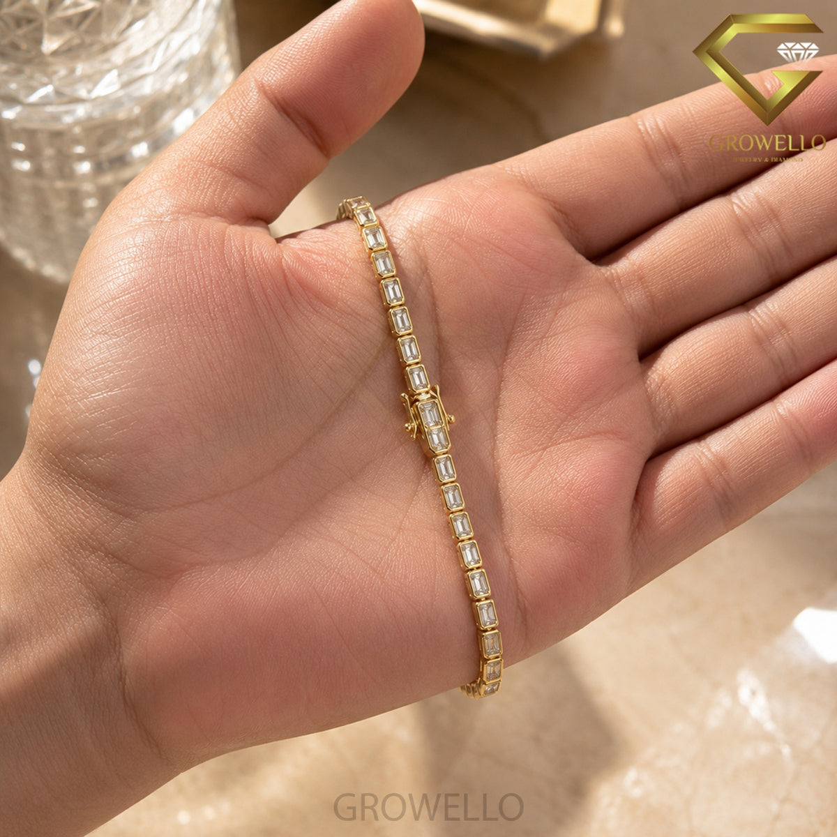Emerald Cut Bezel Set Tennis Bracelet, Minimal Solid Gold, Lab Grown Diamond or Moissanite