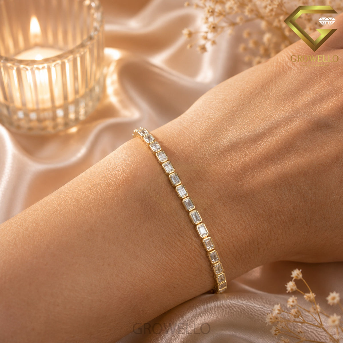 Emerald Cut Bezel Set Tennis Bracelet, Minimal Solid Gold, Lab Grown Diamond or Moissanite