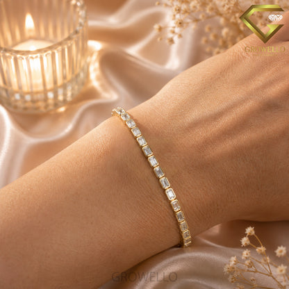 Emerald Cut Bezel Set Tennis Bracelet, Minimal Solid Gold, Lab Grown Diamond or Moissanite