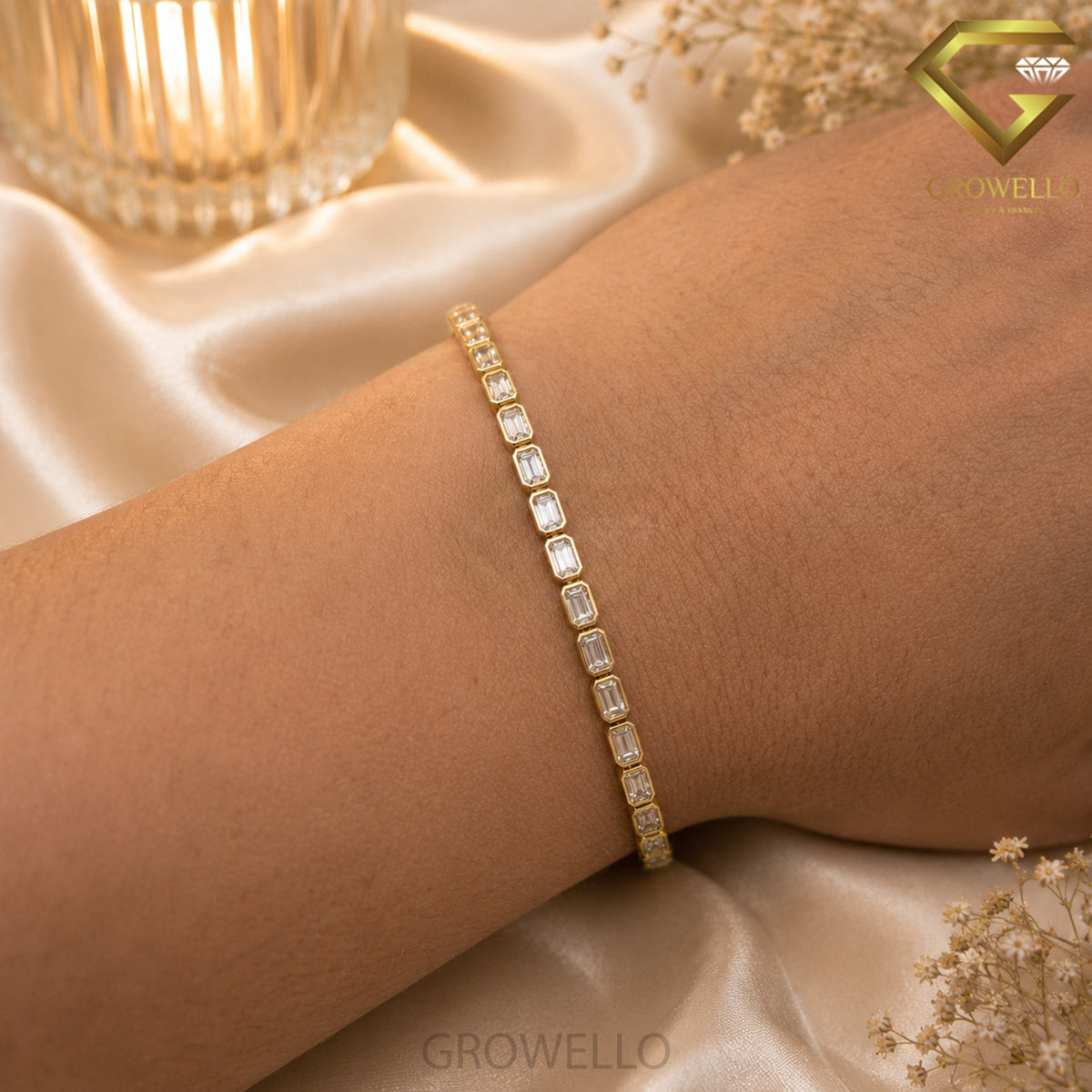 Emerald Cut Bezel Set Tennis Bracelet, Minimal Solid Gold, Lab Grown Diamond or Moissanite