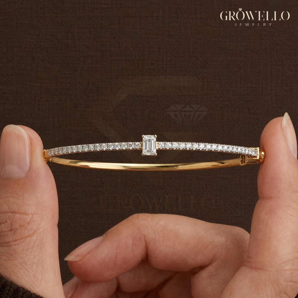 Emerald Diamond Bangle, Dainty Tennis Style Bracelet, Solid Gold, Lab Grown Diamond or Moissanite