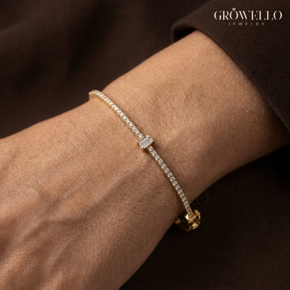 Emerald Diamond Bangle, Dainty Tennis Style Bracelet, Solid Gold, Lab Grown Diamond or Moissanite