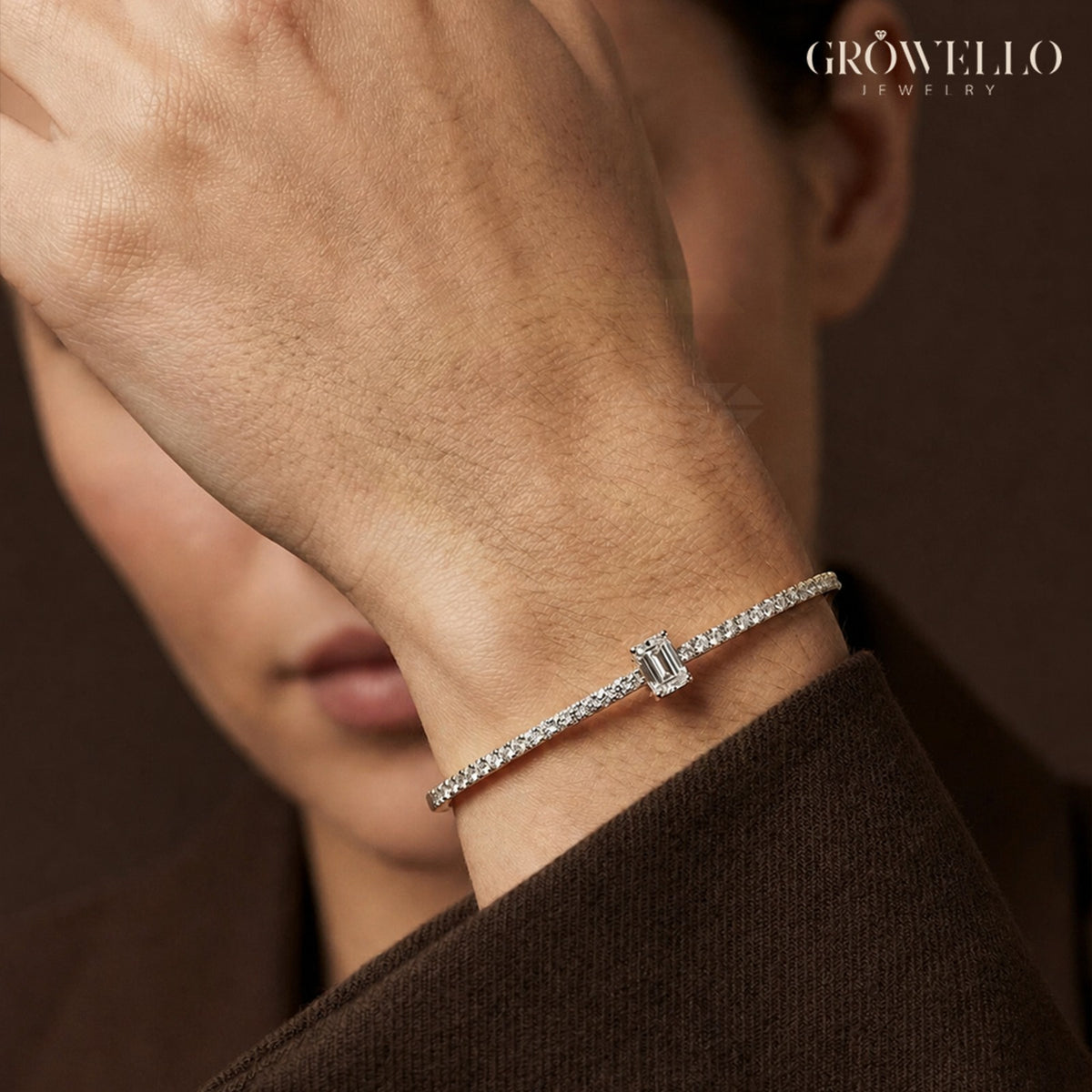 Emerald Diamond Bangle, Dainty Tennis Style Bracelet, Solid Gold, Lab Grown Diamond or Moissanite