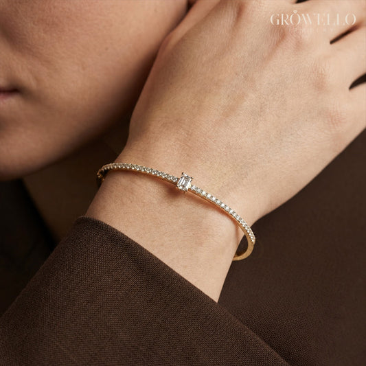 Emerald Diamond Bangle, Dainty Tennis Style Bracelet, Solid Gold, Lab Grown Diamond or Moissanite