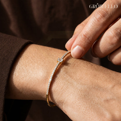 Emerald Diamond Bangle, Dainty Tennis Style Bracelet, Solid Gold, Lab Grown Diamond or Moissanite