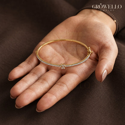 Emerald Diamond Bangle, Dainty Tennis Style Bracelet, Solid Gold, Lab Grown Diamond or Moissanite