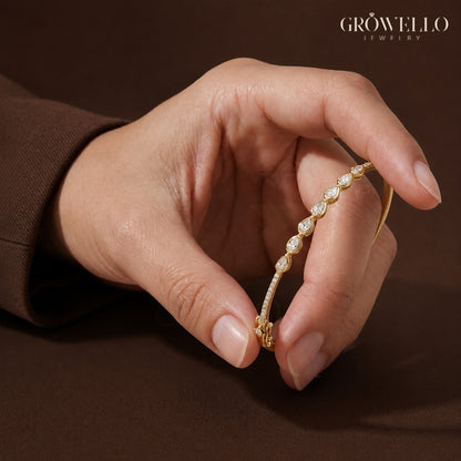 Pear Diamond Bangle, Dainty Pave Stackable Bracelet, Solid Gold, Lab Grown Diamond or Moissanite