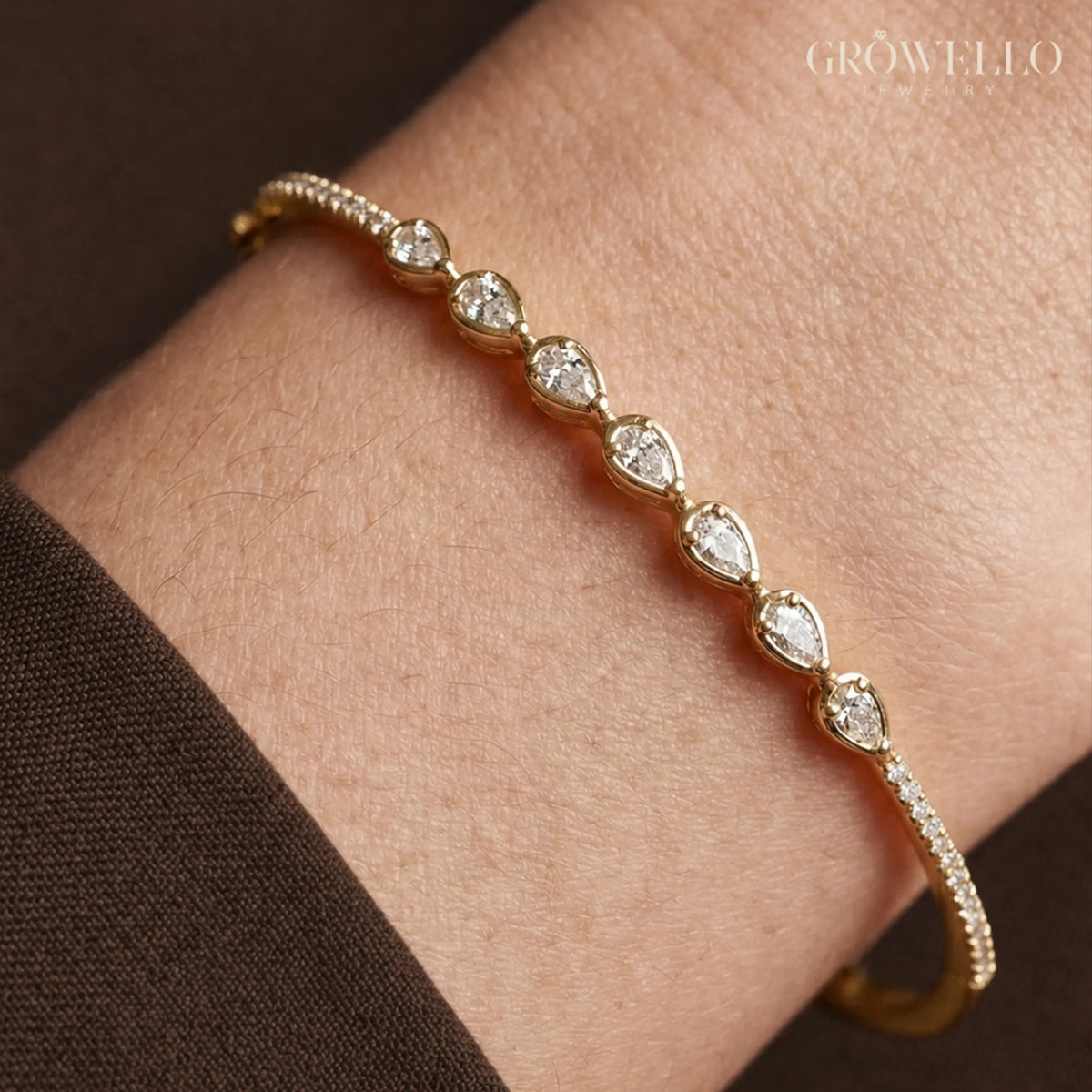 Pear Diamond Bangle, Dainty Pave Stackable Bracelet, Solid Gold, Lab Grown Diamond or Moissanite