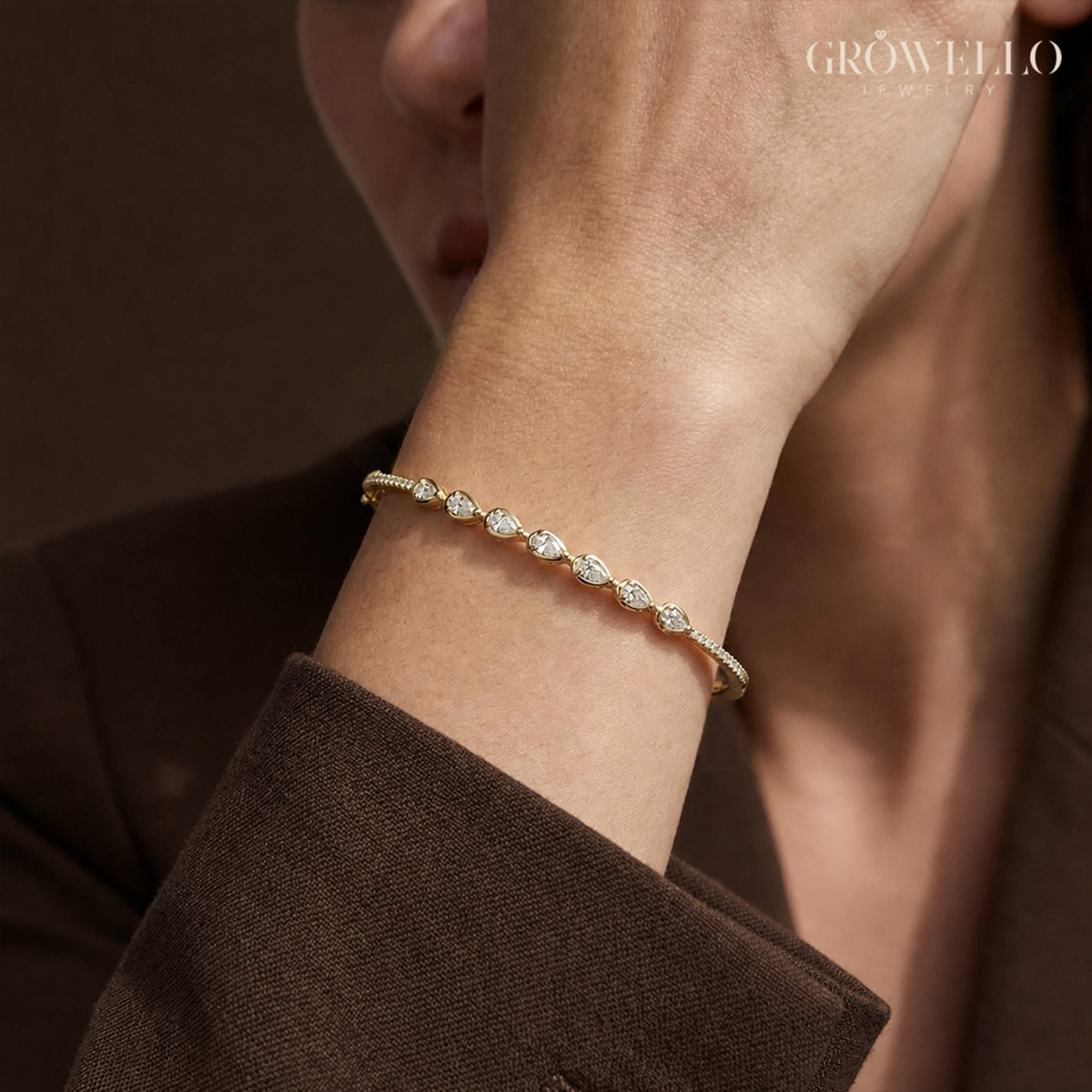 Pear Diamond Bangle, Dainty Pave Stackable Bracelet, Solid Gold, Lab Grown Diamond or Moissanite