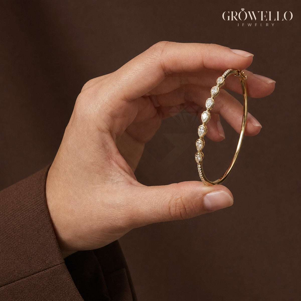 Pear Diamond Bangle, Dainty Pave Stackable Bracelet, Solid Gold, Lab Grown Diamond or Moissanite