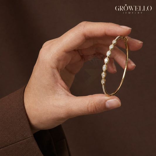 Pear Diamond Bangle, Dainty Pave Stackable Bracelet, Solid Gold, Lab Grown Diamond or Moissanite