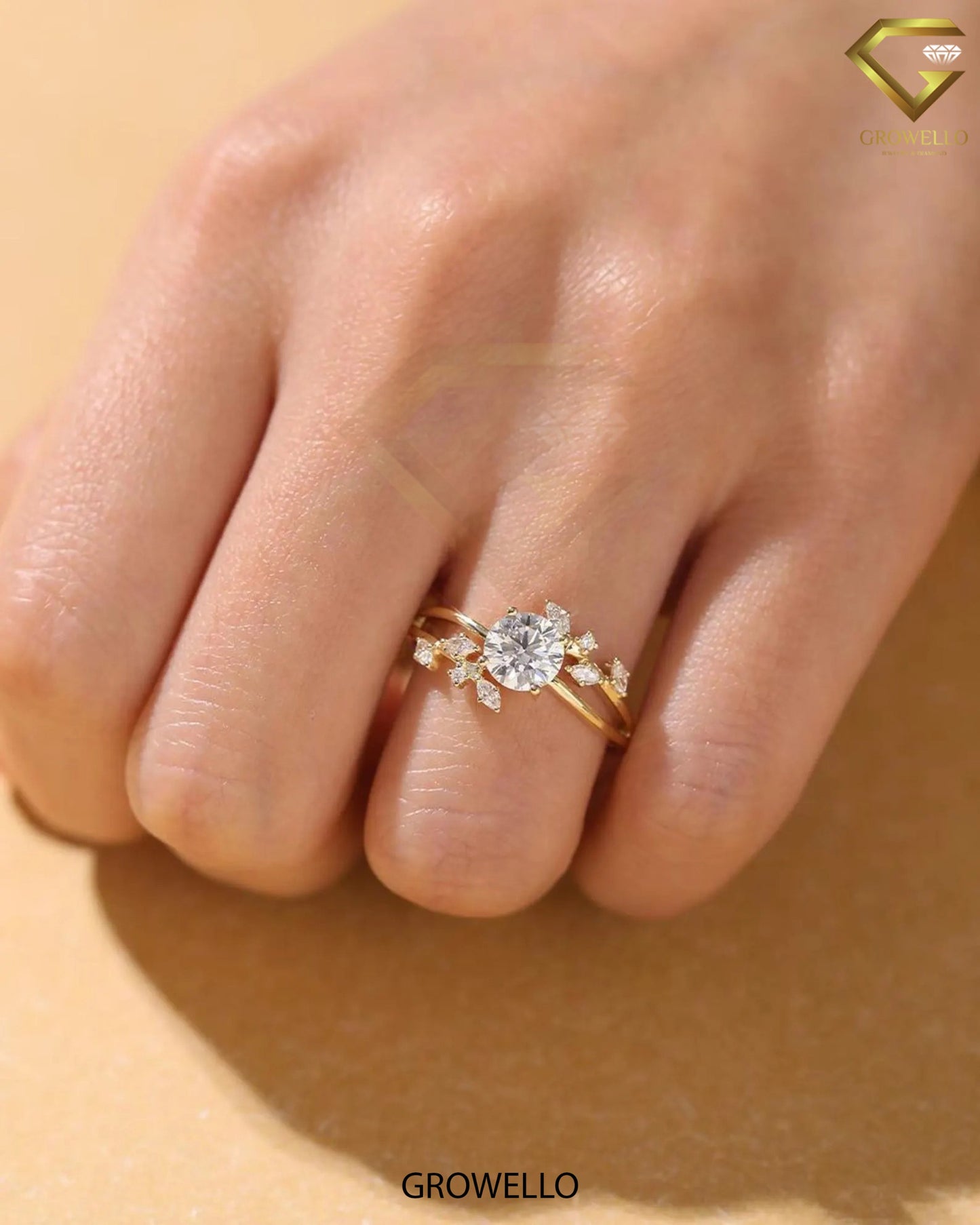 2CT Round Floral Cluster Ring, Split Shank Gold Design, Lab-Grown Diamond or Moissanite