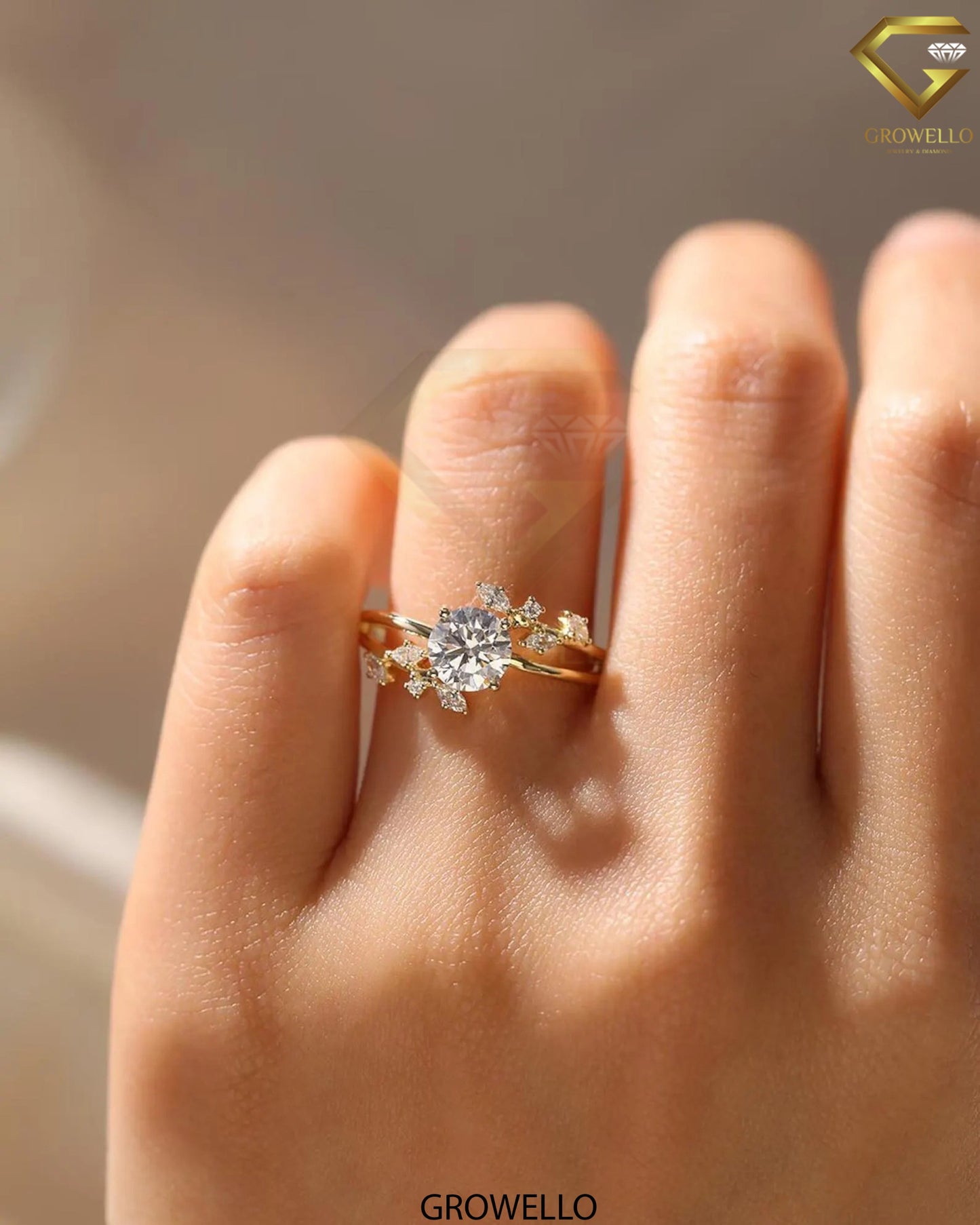 2CT Round Floral Cluster Ring, Split Shank Gold Design, Lab-Grown Diamond or Moissanite