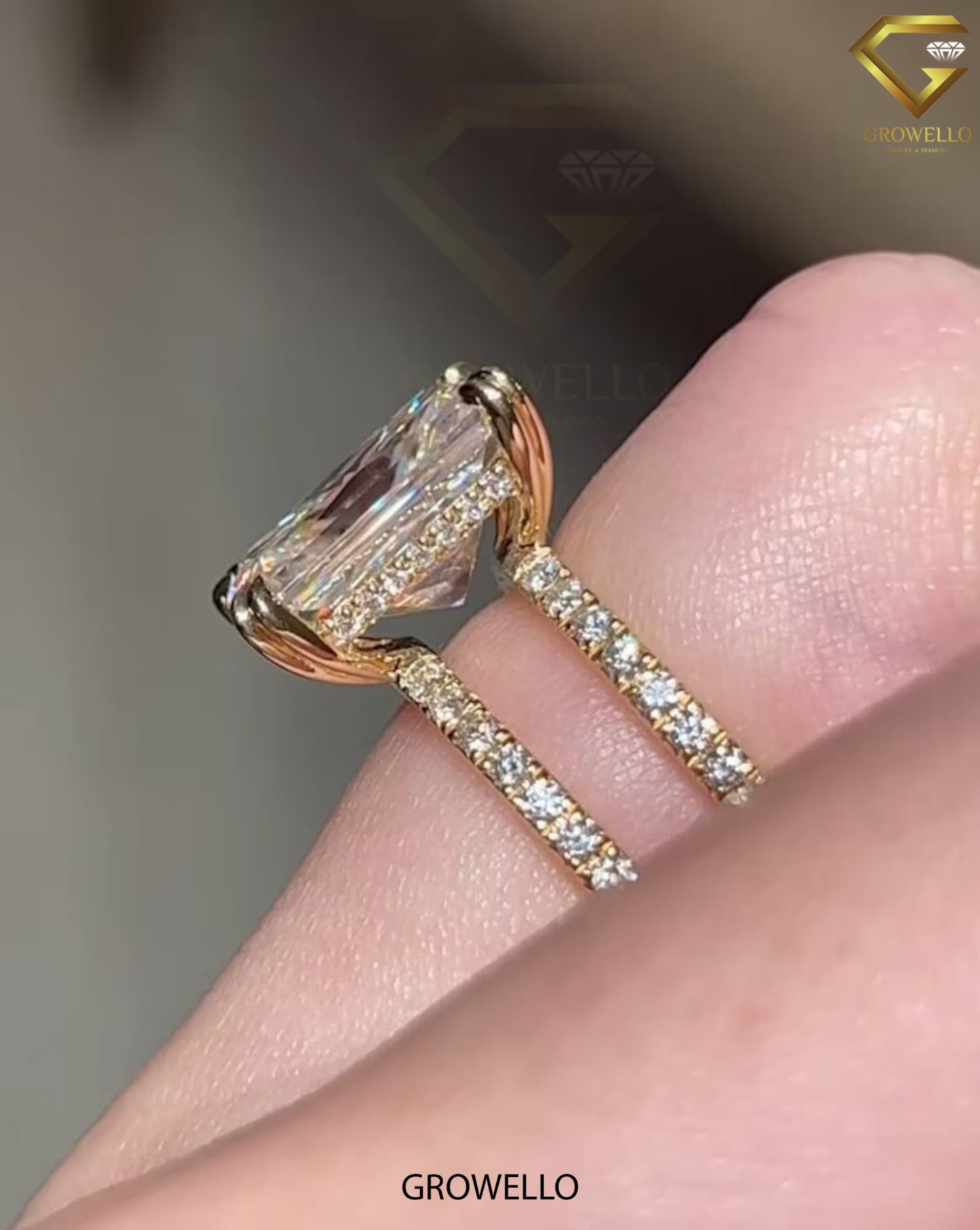 4ct radiant split double band ring, pavé shank, solid gold, lab-grown diamond or moissanite