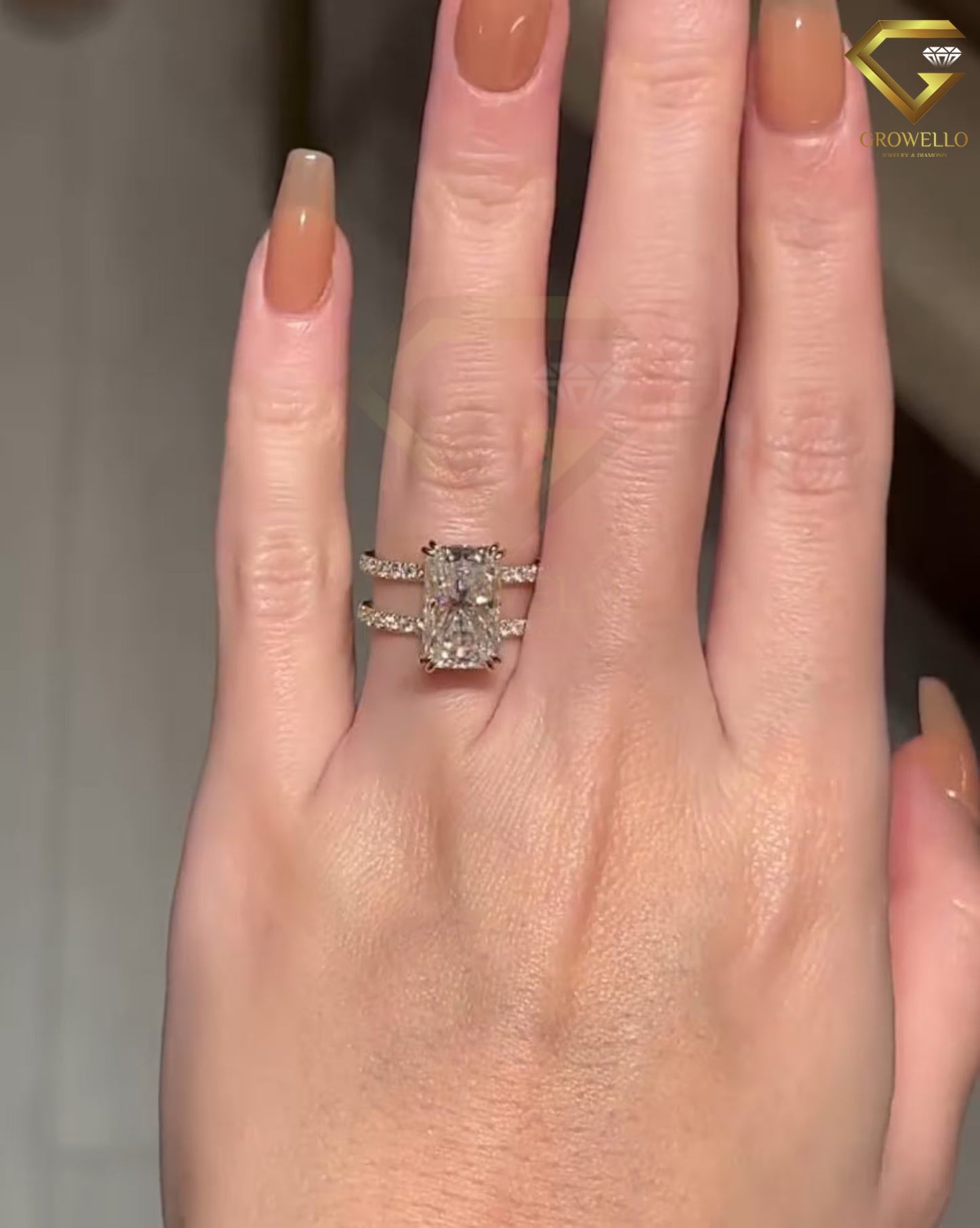 4ct radiant split double band ring, pavé shank, solid gold, lab-grown diamond or moissanite