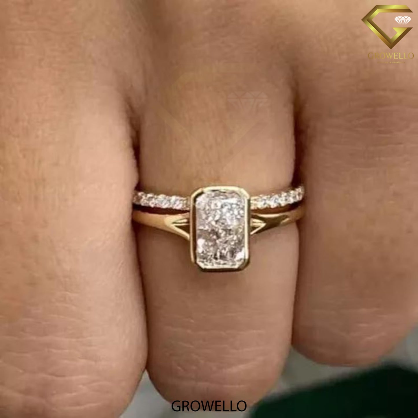 2 CT radiant bezel ring, split-shoulder with pave shadow band, solid gold, lab-grown diamond or moissanite