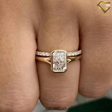 2 CT radiant bezel ring, split-shoulder with pave shadow band, solid gold, lab-grown diamond or moissanite