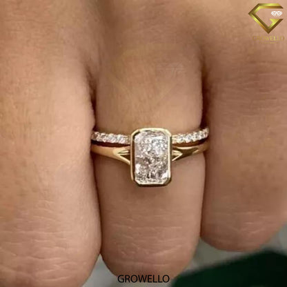 2 CT radiant bezel ring, split-shoulder with pave shadow band, solid gold, lab-grown diamond or moissanite