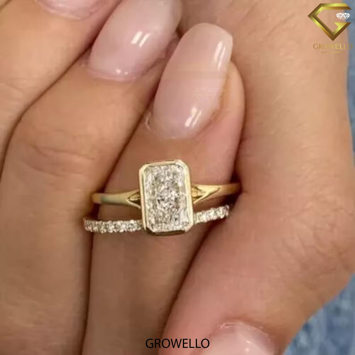 2 CT radiant bezel ring, split-shoulder with pave shadow band, solid gold, lab-grown diamond or moissanite