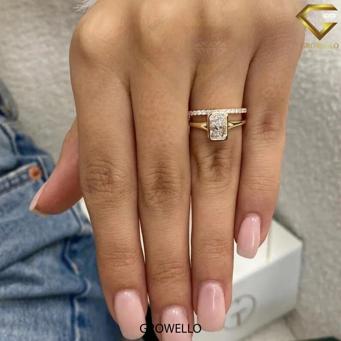 2 CT radiant bezel ring, split-shoulder with pave shadow band, solid gold, lab-grown diamond or moissanite