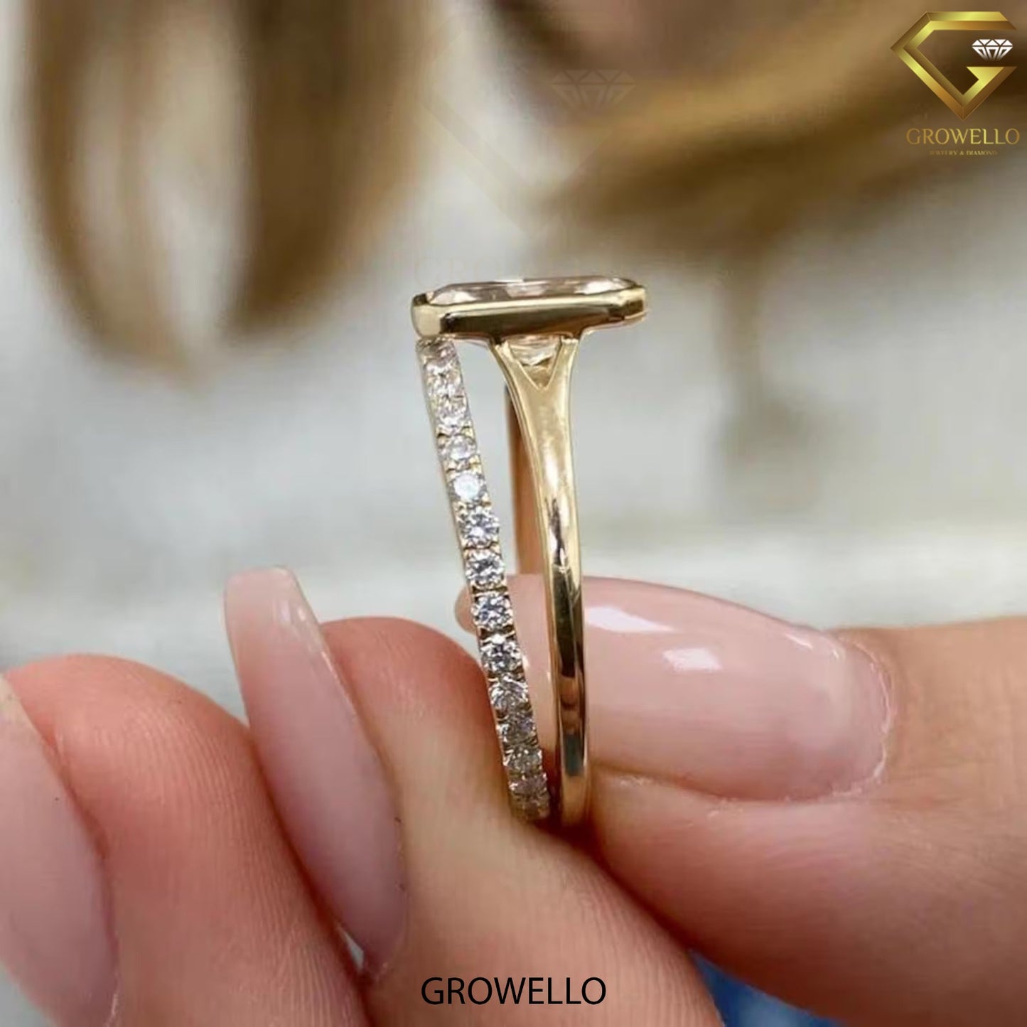 2 CT radiant bezel ring, split-shoulder with pave shadow band, solid gold, lab-grown diamond or moissanite