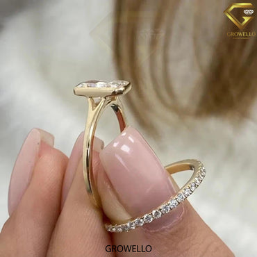 2 CT radiant bezel ring, split-shoulder with pave shadow band, solid gold, lab-grown diamond or moissanite