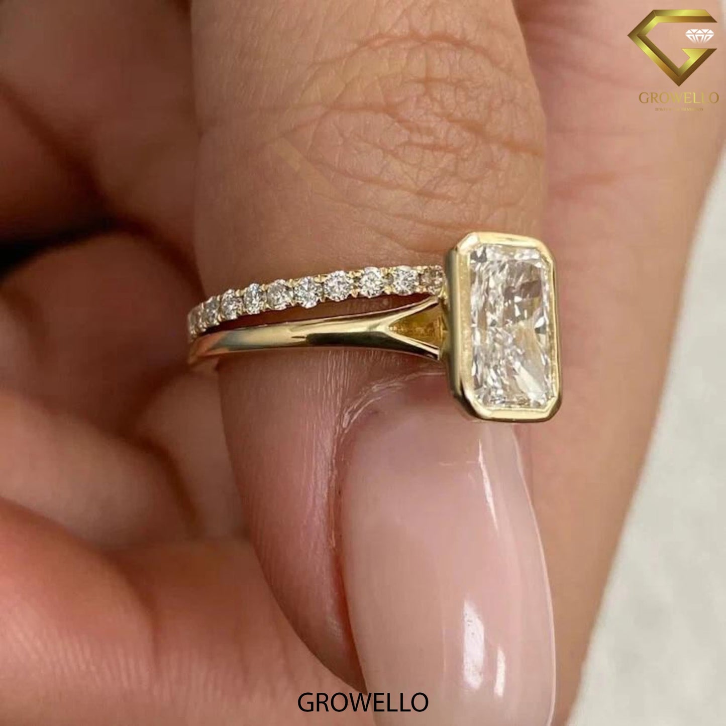 2 CT radiant bezel ring, split-shoulder with pave shadow band, solid gold, lab-grown diamond or moissanite