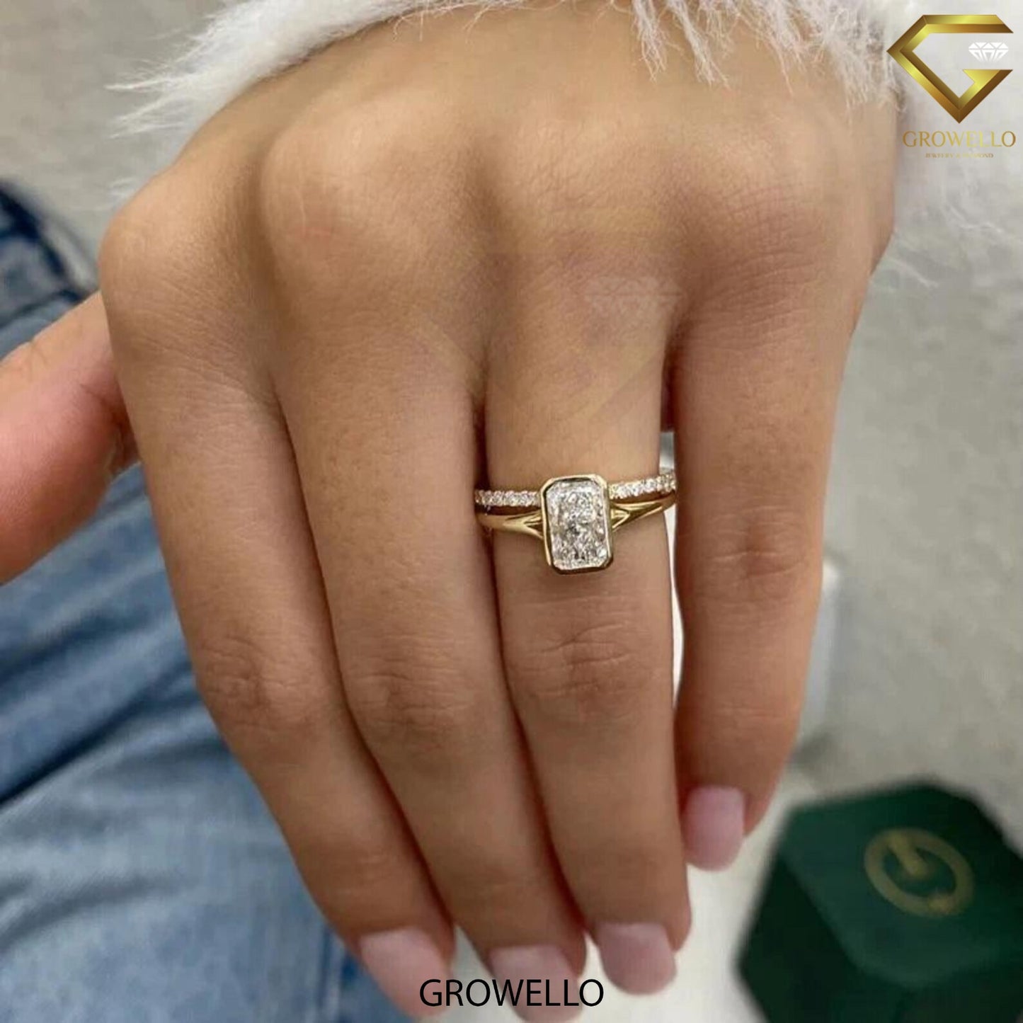 2 CT radiant bezel ring, split-shoulder with pave shadow band, solid gold, lab-grown diamond or moissanite