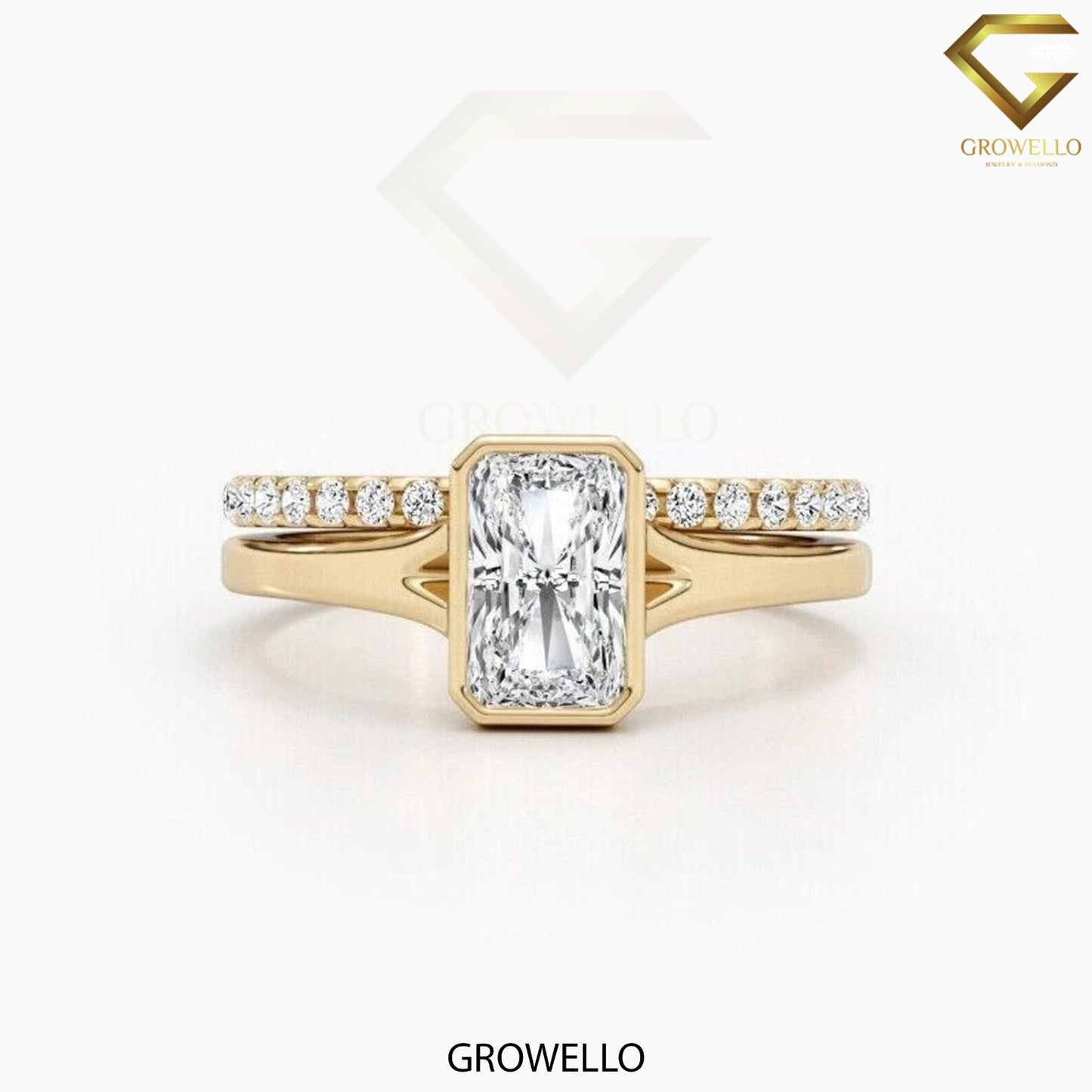 2 CT radiant bezel ring, split-shoulder with pave shadow band, solid gold, lab-grown diamond or moissanite