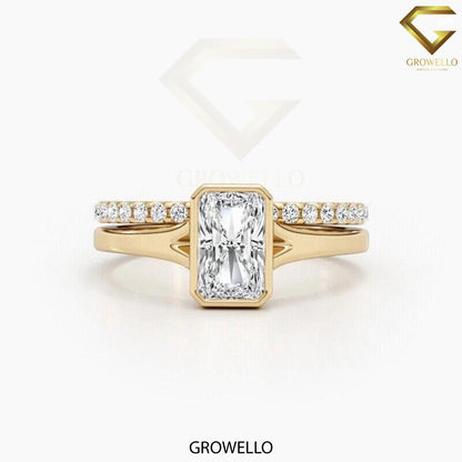 2 CT radiant bezel ring, split-shoulder with pave shadow band, solid gold, lab-grown diamond or moissanite