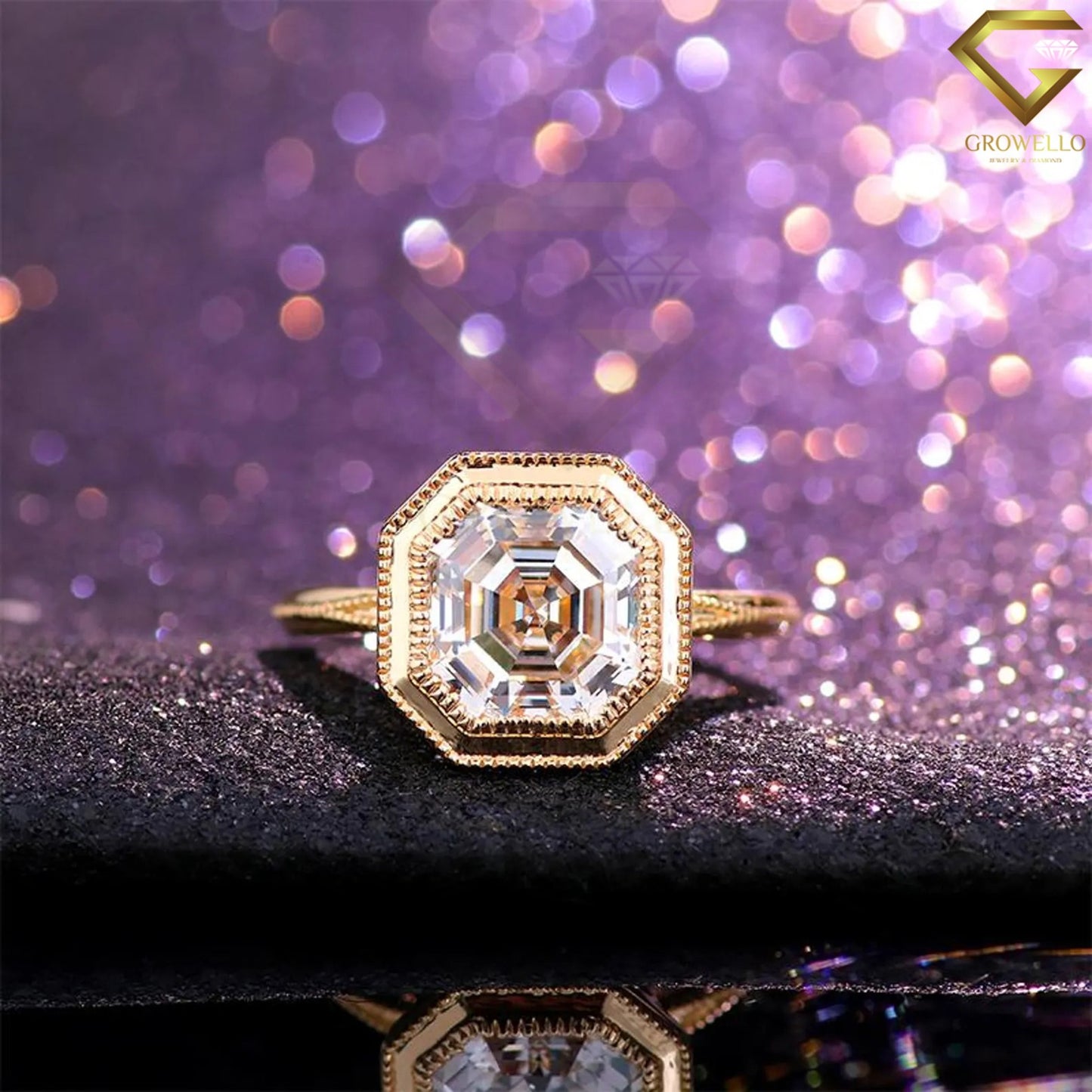 3 CT Ascher Octagon Bezel Ring • Art Deco • Migraines • Solid Gold • Lab Diamond or Moissanite