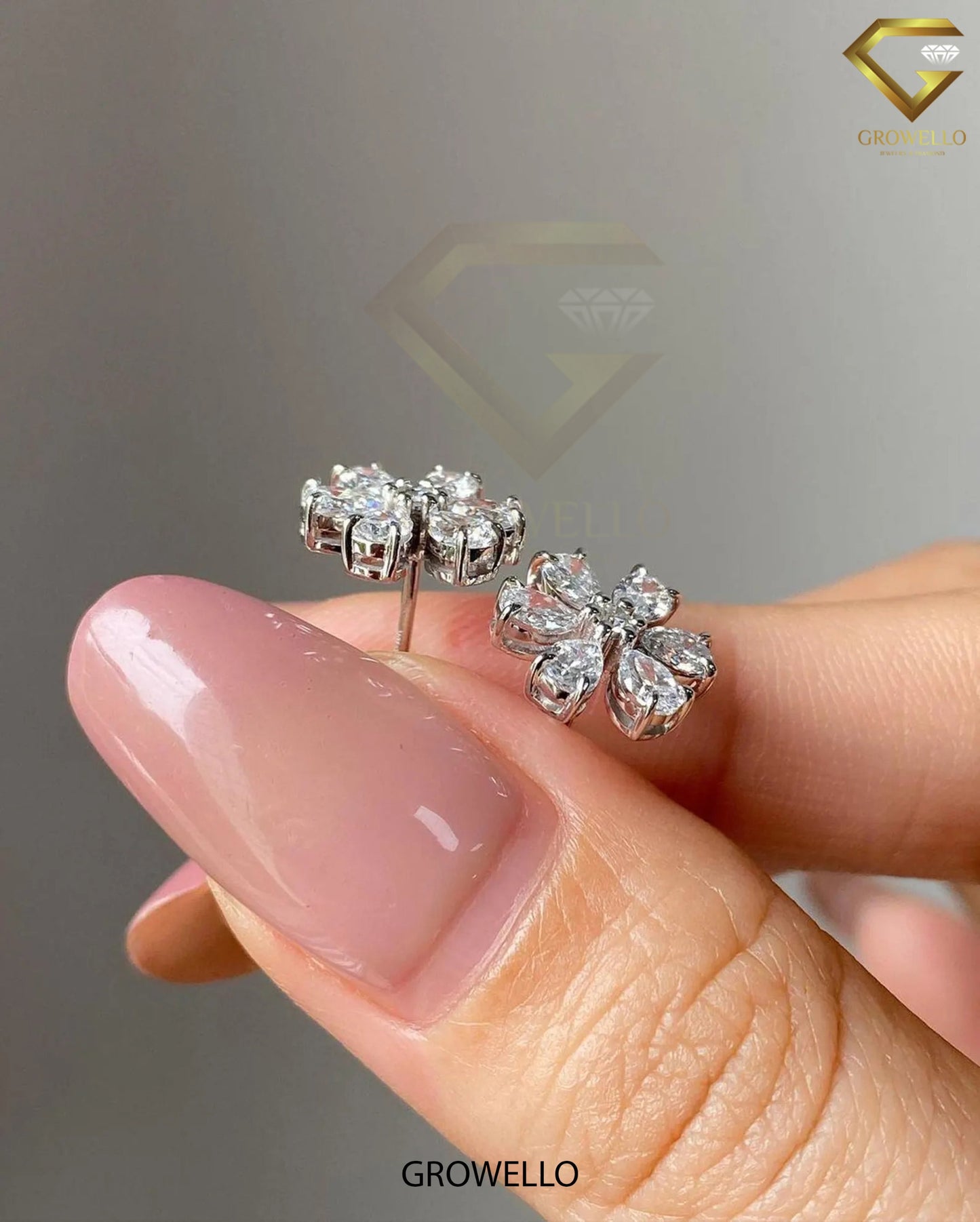 Floral Pear Cluster Studs • Round Center • Solid Gold • Lab Diamond or Moissanite Diamond