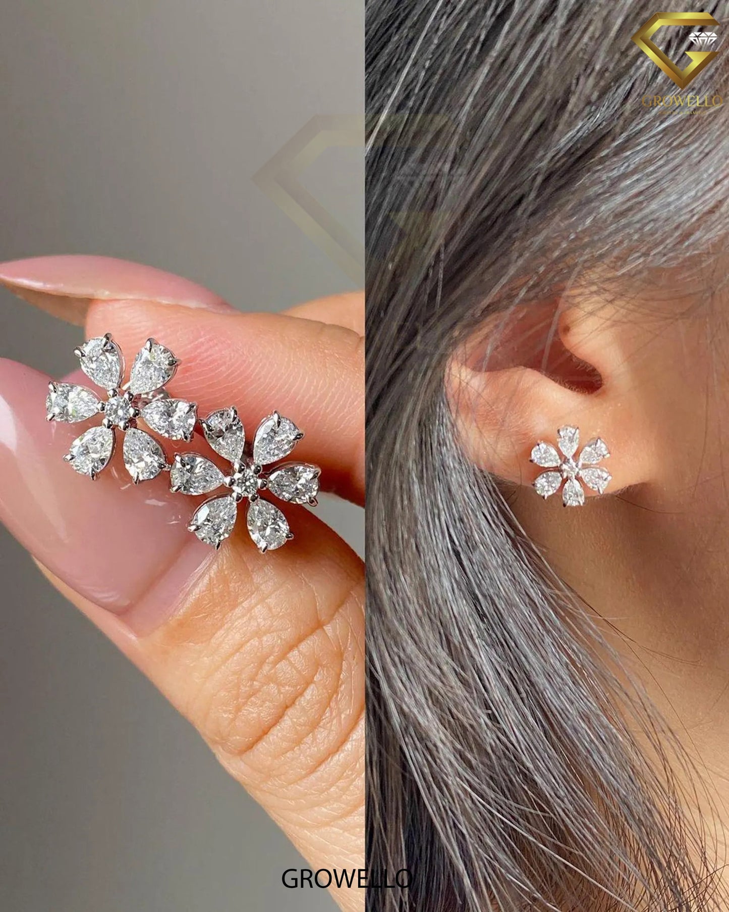 Floral Pear Cluster Studs • Round Center • Solid Gold • Lab Diamond or Moissanite Diamond