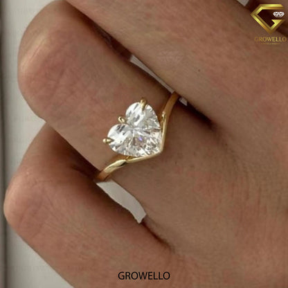 3 CT Heart Cut Solitaire Ring — Solid Gold Leaf Accent • Lab-Grown or Moissanite Diamond