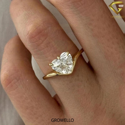 3 CT Heart Cut Solitaire Ring — Solid Gold Leaf Accent • Lab-Grown or Moissanite Diamond