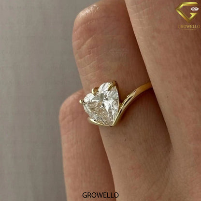3 CT Heart Cut Solitaire Ring — Solid Gold Leaf Accent • Lab-Grown or Moissanite Diamond