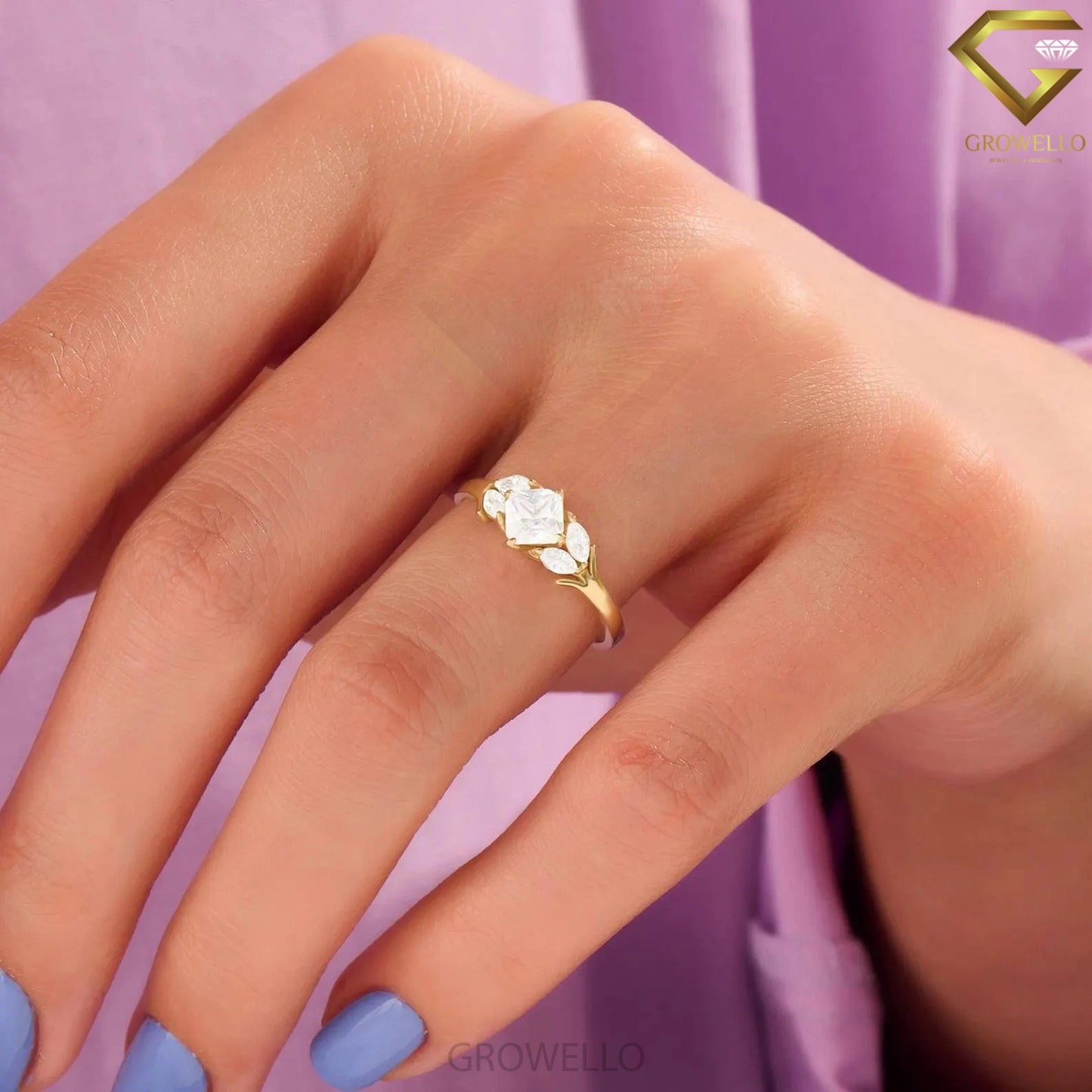 1ct cushion leaf solitaire ring, nature branch design, solid gold, lab diamond or moissanite