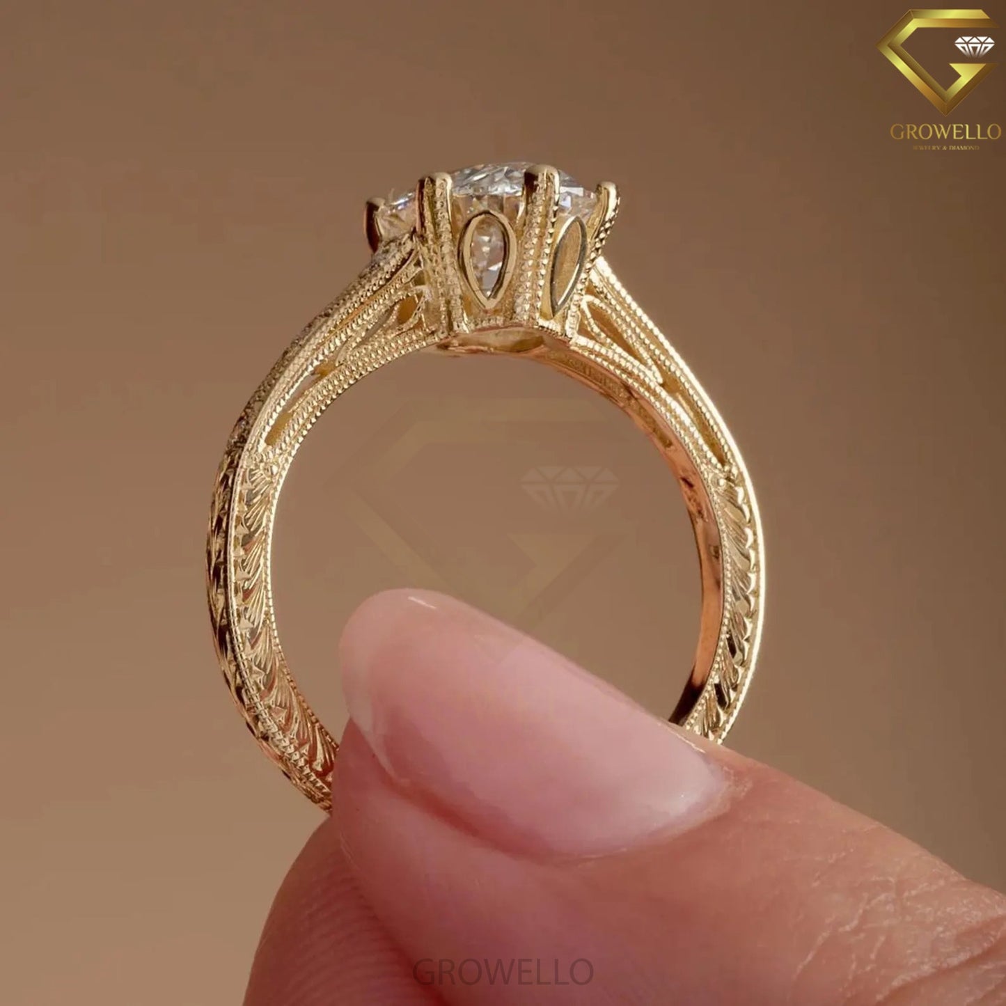 3CT Oval  Vintage Engraved Ring, Solid Gold, Lab Grown Diamond or Moissanite