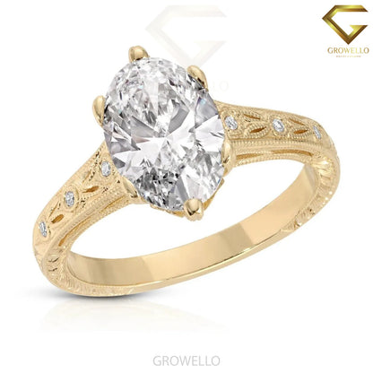 3CT Oval  Vintage Engraved Ring, Solid Gold, Lab Grown Diamond or Moissanite
