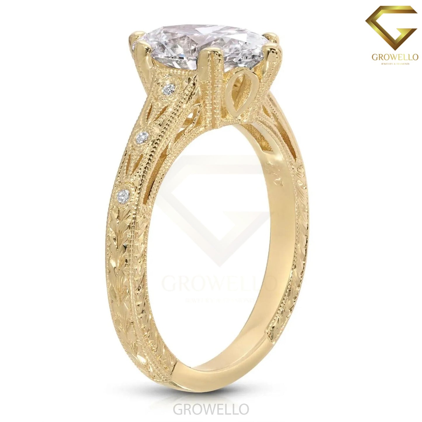 3CT Oval  Vintage Engraved Ring, Solid Gold, Lab Grown Diamond or Moissanite