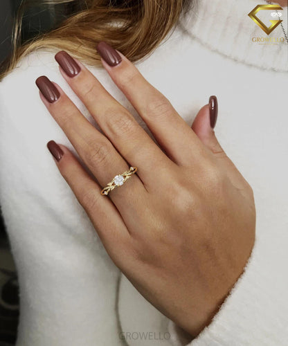 0.50ct round leaf & vine engagement ring, nature-inspired twisted band, solid gold, lab-grown diamond or moissanite