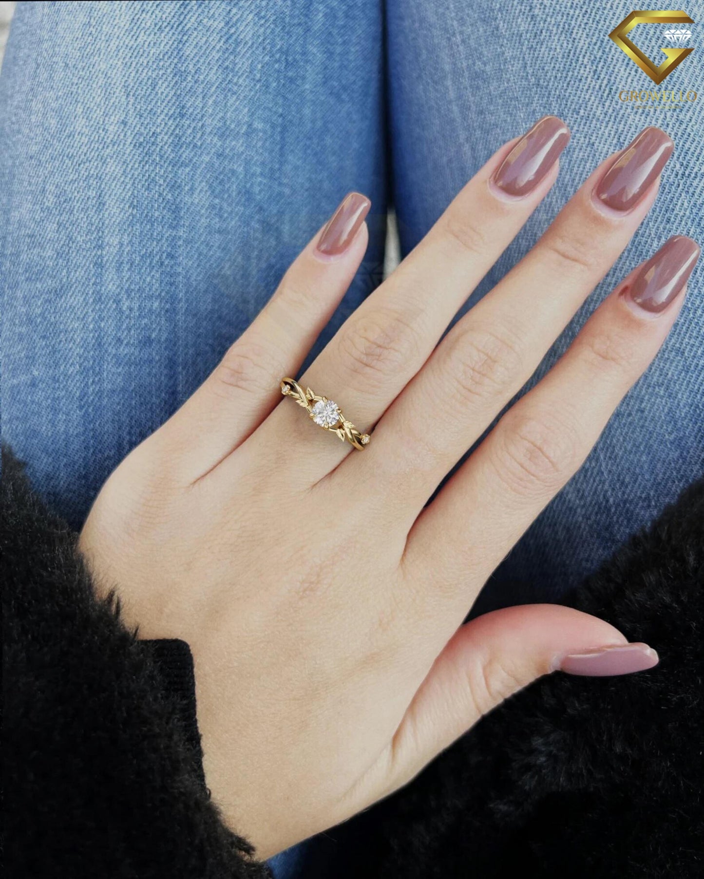 0.50ct round leaf & vine engagement ring, nature-inspired twisted band, solid gold, lab-grown diamond or moissanite