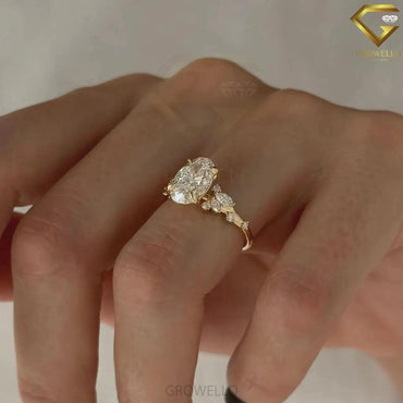 3CT oval floral cluster engagement ring, leaf side stones, solid gold, lab-grown diamond or moissanite