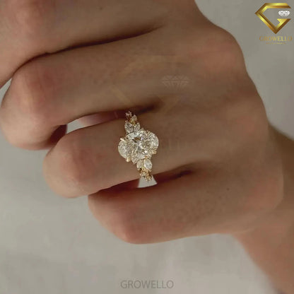 3CT oval floral cluster engagement ring, leaf side stones, solid gold, lab-grown diamond or moissanite