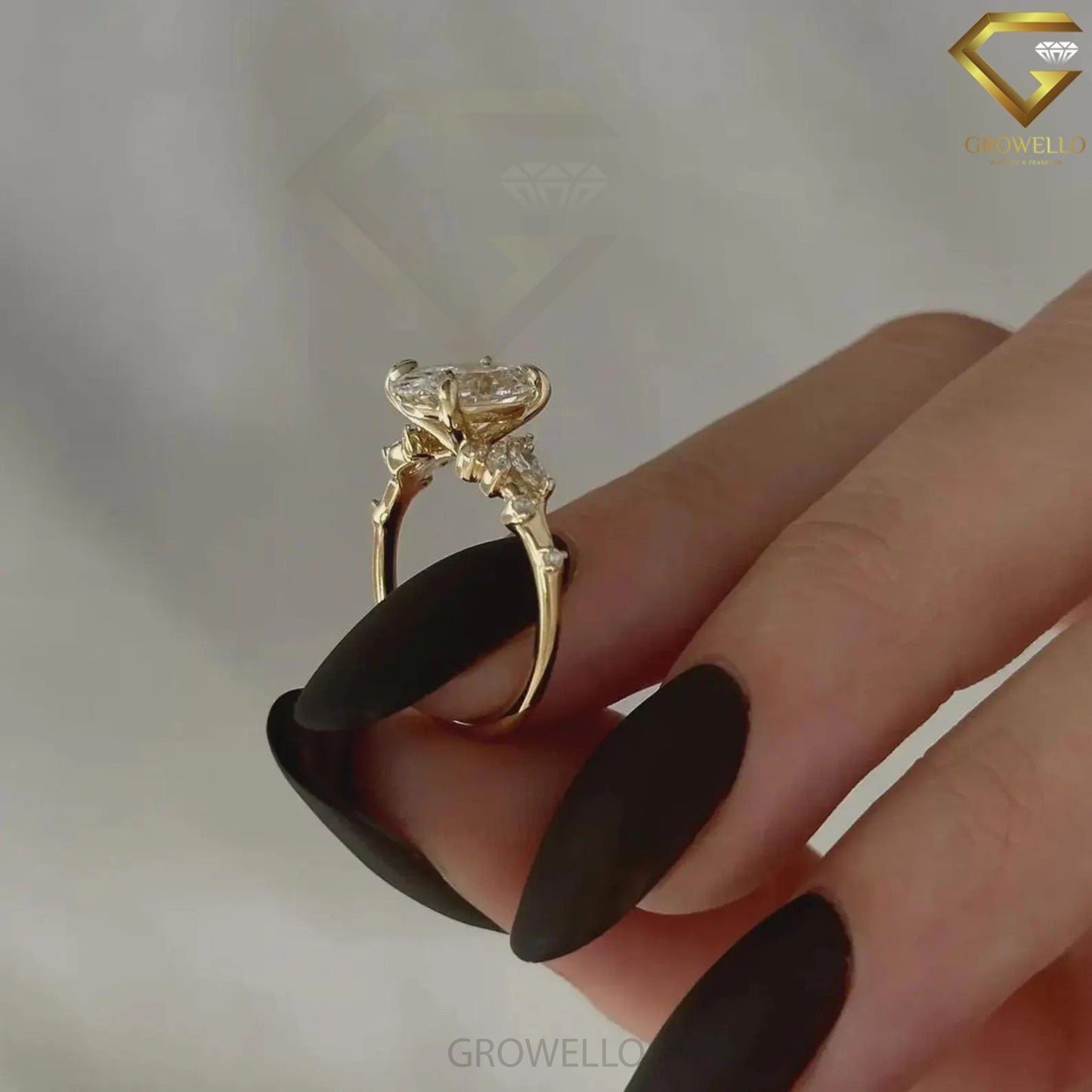 3CT oval floral cluster engagement ring, leaf side stones, solid gold, lab-grown diamond or moissanite