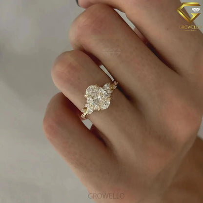 3CT oval floral cluster engagement ring, leaf side stones, solid gold, lab-grown diamond or moissanite