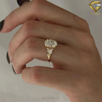 3CT oval floral cluster engagement ring, leaf side stones, solid gold, lab-grown diamond or moissanite